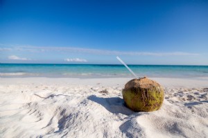 Foto de bebida de coco en la playa