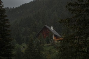 Una cabaña de madera de marco en una foto del bosque