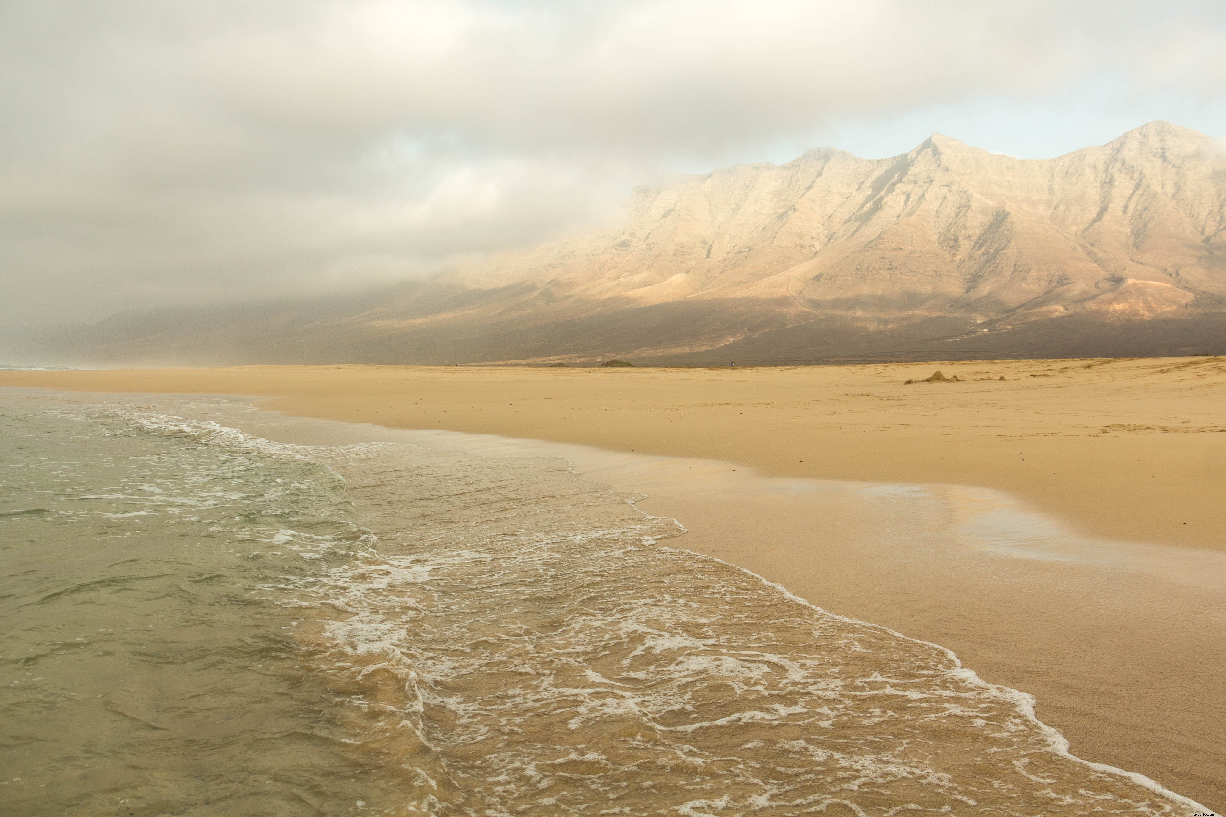 Alte montagne si affacciano sull oceano e sulla spiaggia sabbiosa foto