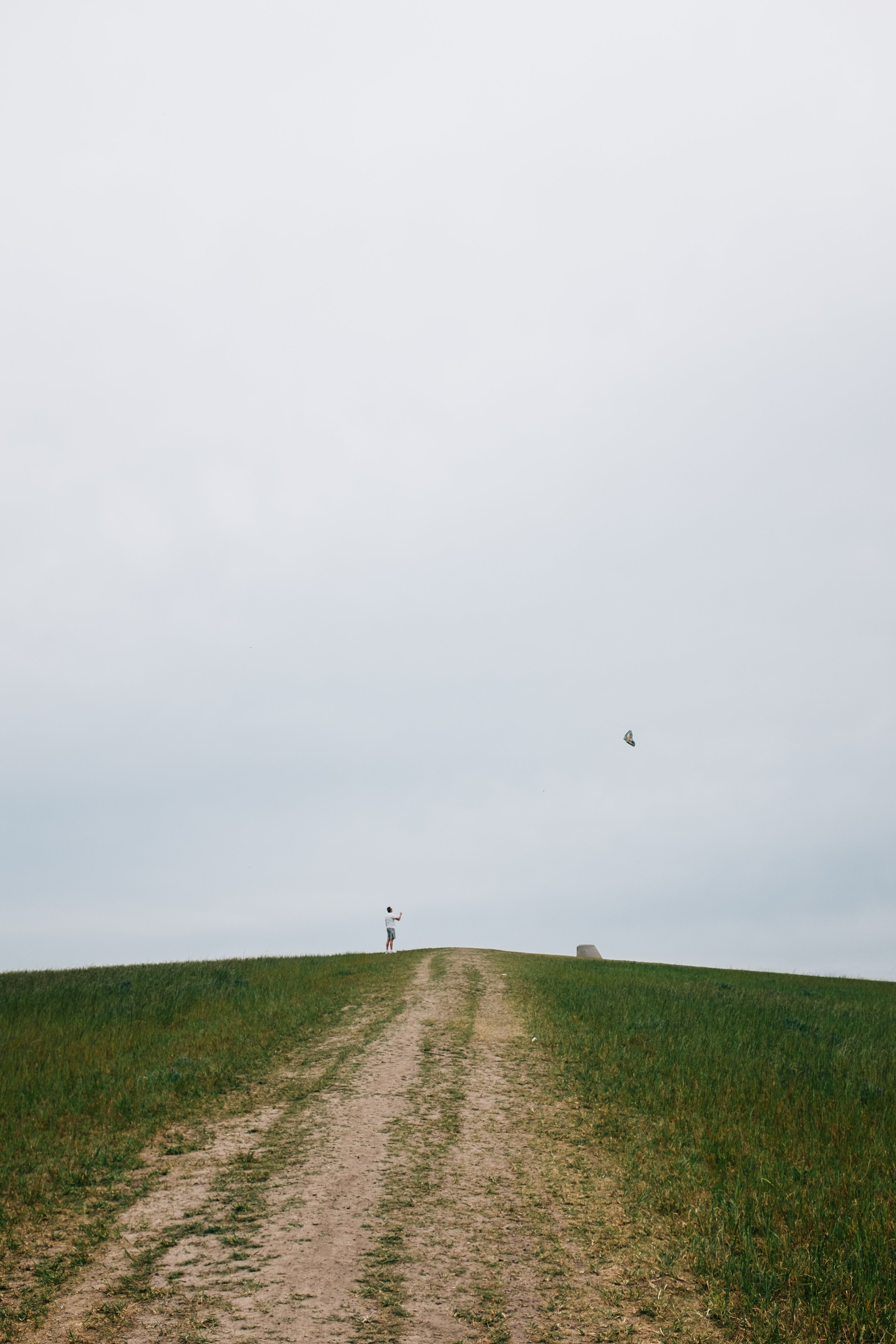 Personne se tient sur la colline et vole une photo de cerf-volant