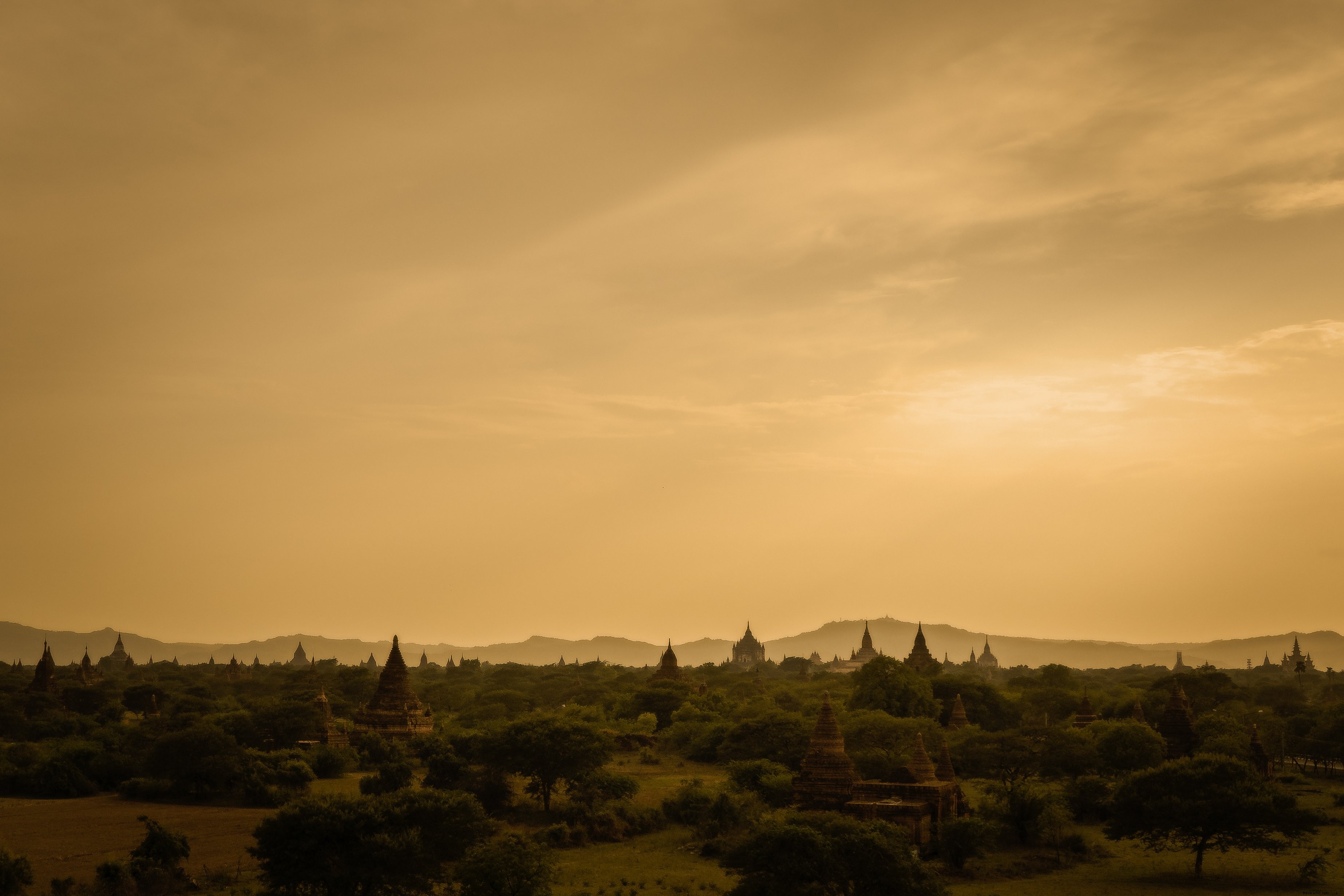 Foto dos picos do templo através das copas das árvores