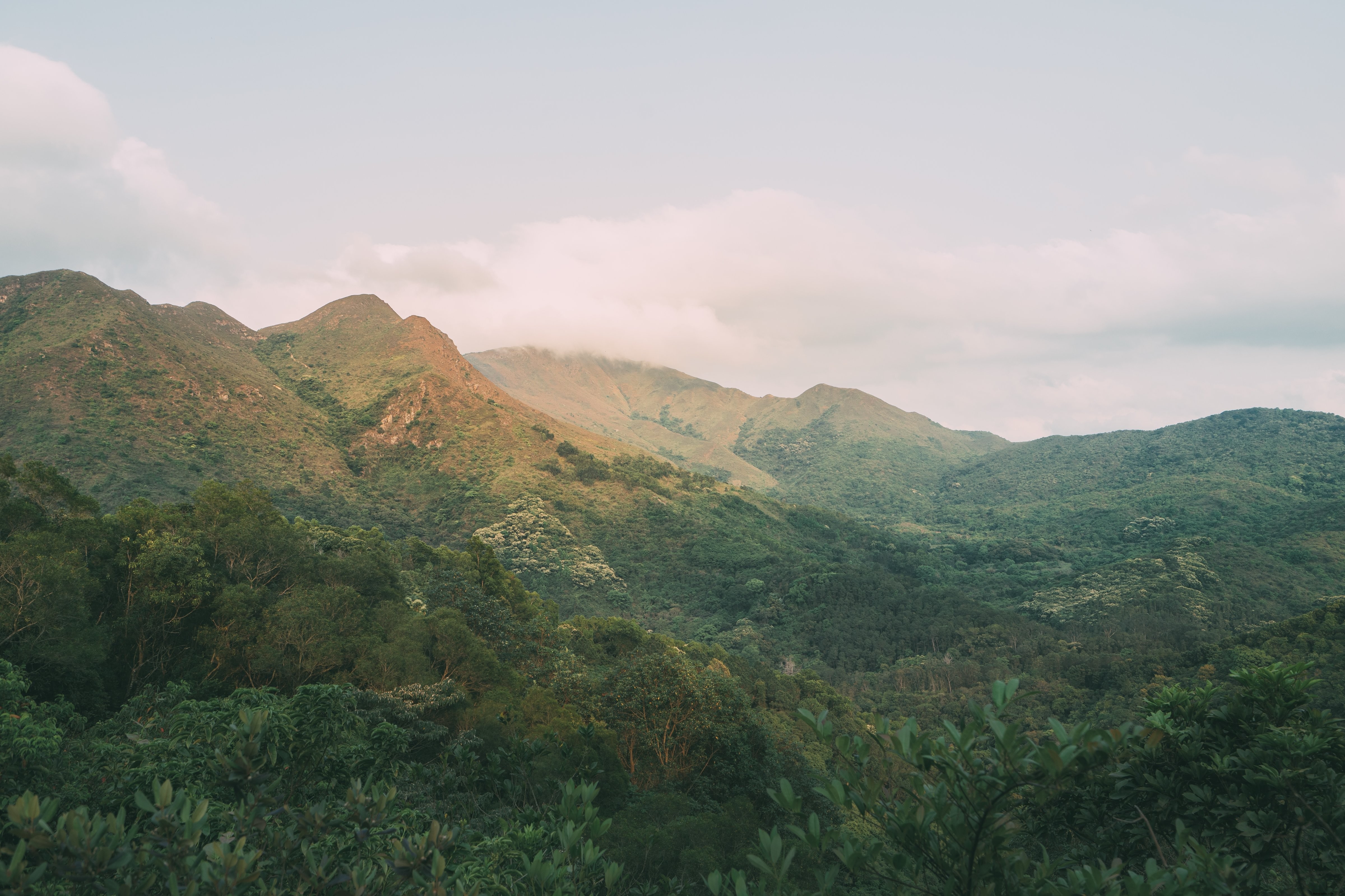 Nuages ​​roulant sur de riches montagnes verdoyantes Photo