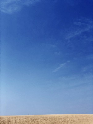 Une figure solitaire marche sur la ligne entre le désert et le ciel Photo