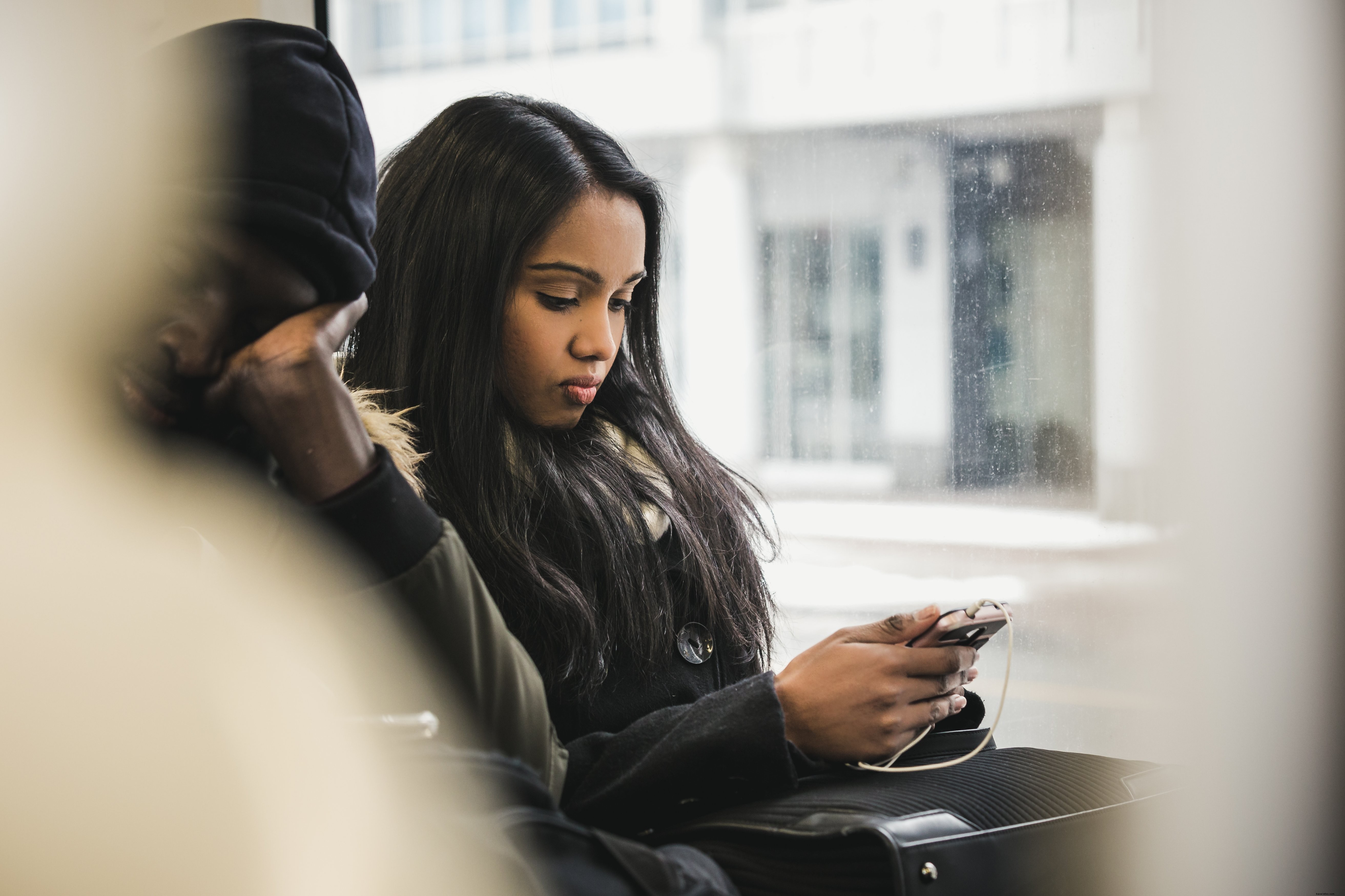 femme, téléphone, bus, photo