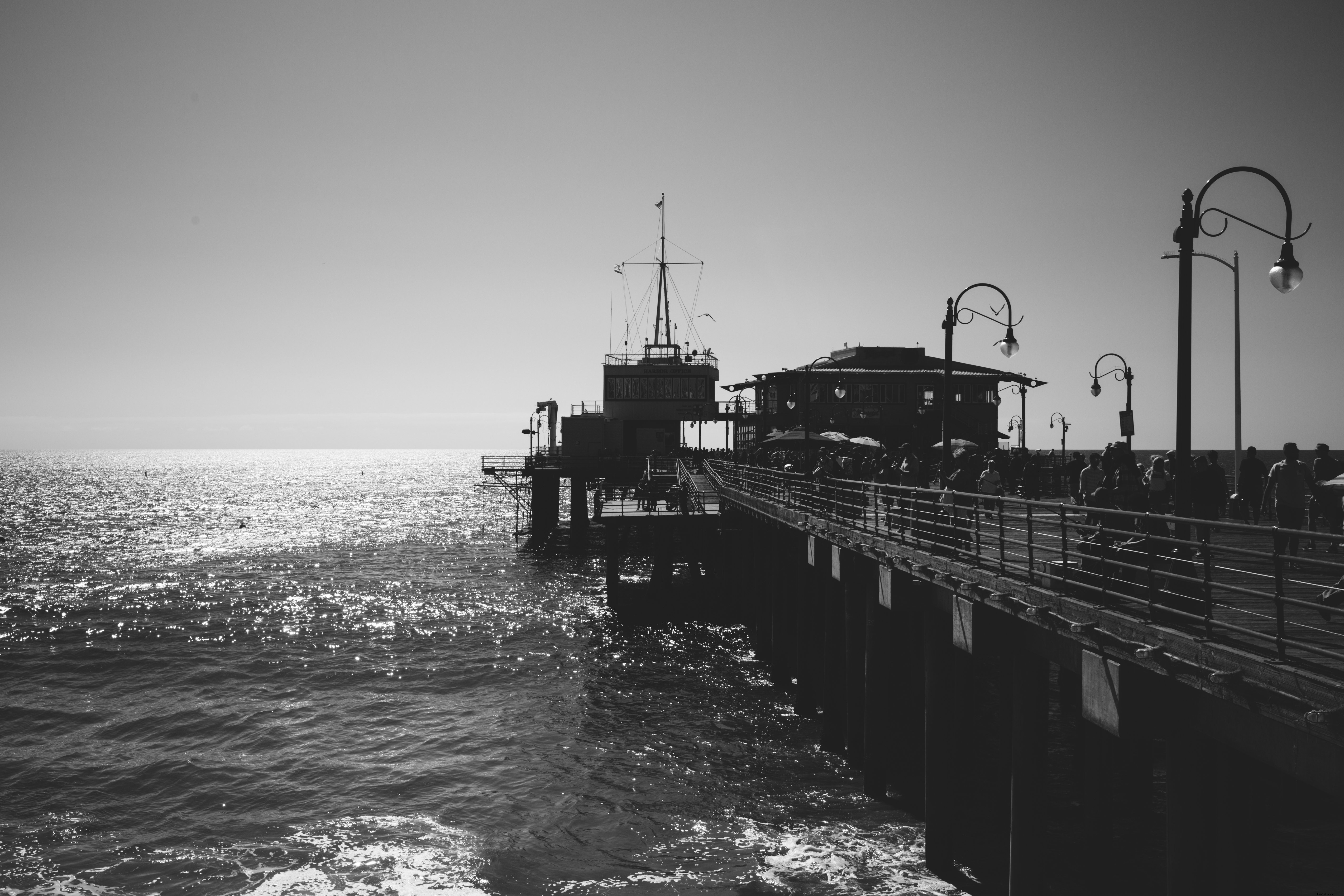 Embarcadero ocupado en blanco y negro con vistas a la foto del agua
