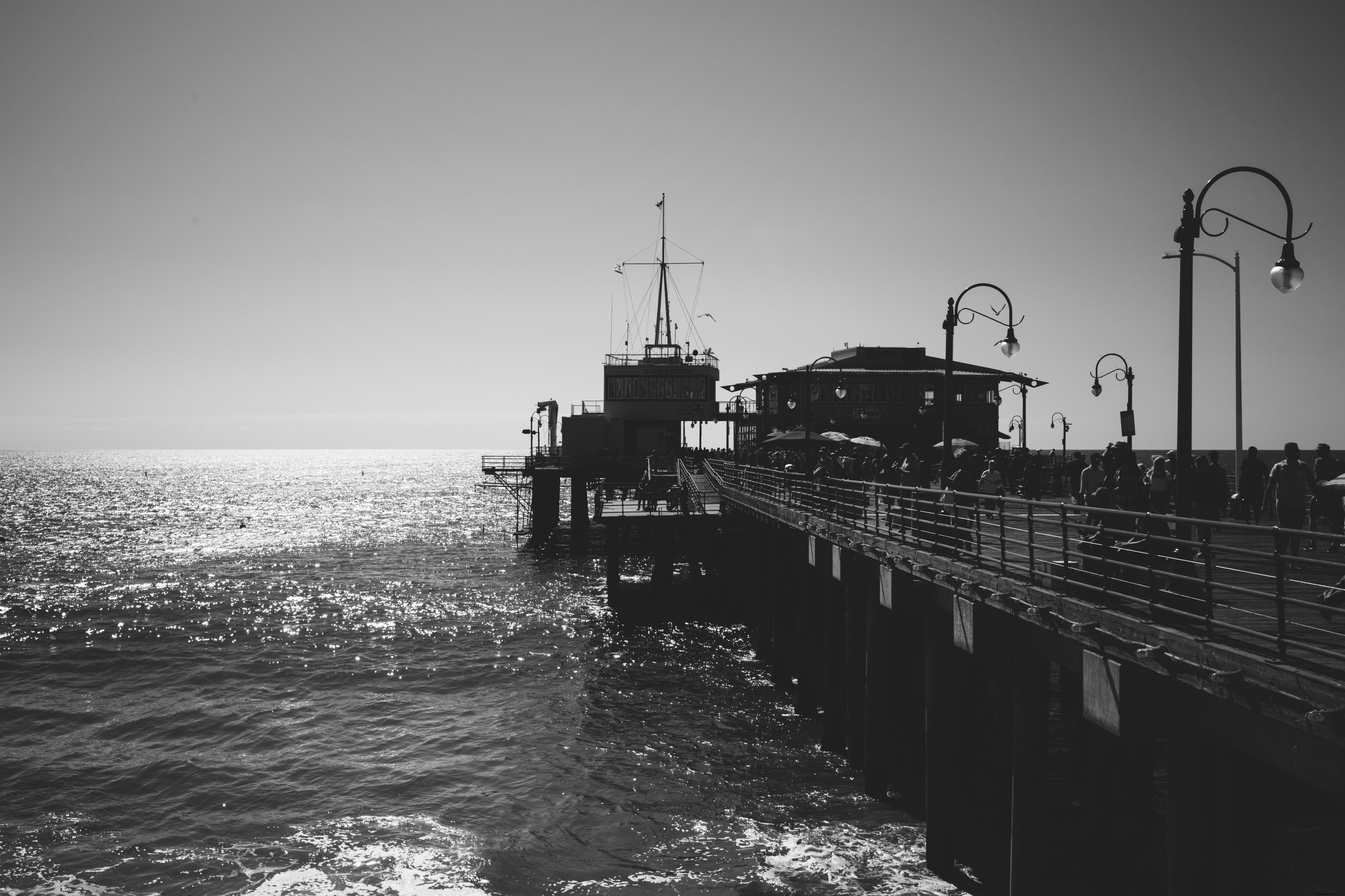 Jetée occupée en noir et blanc surplombant la photo de l eau