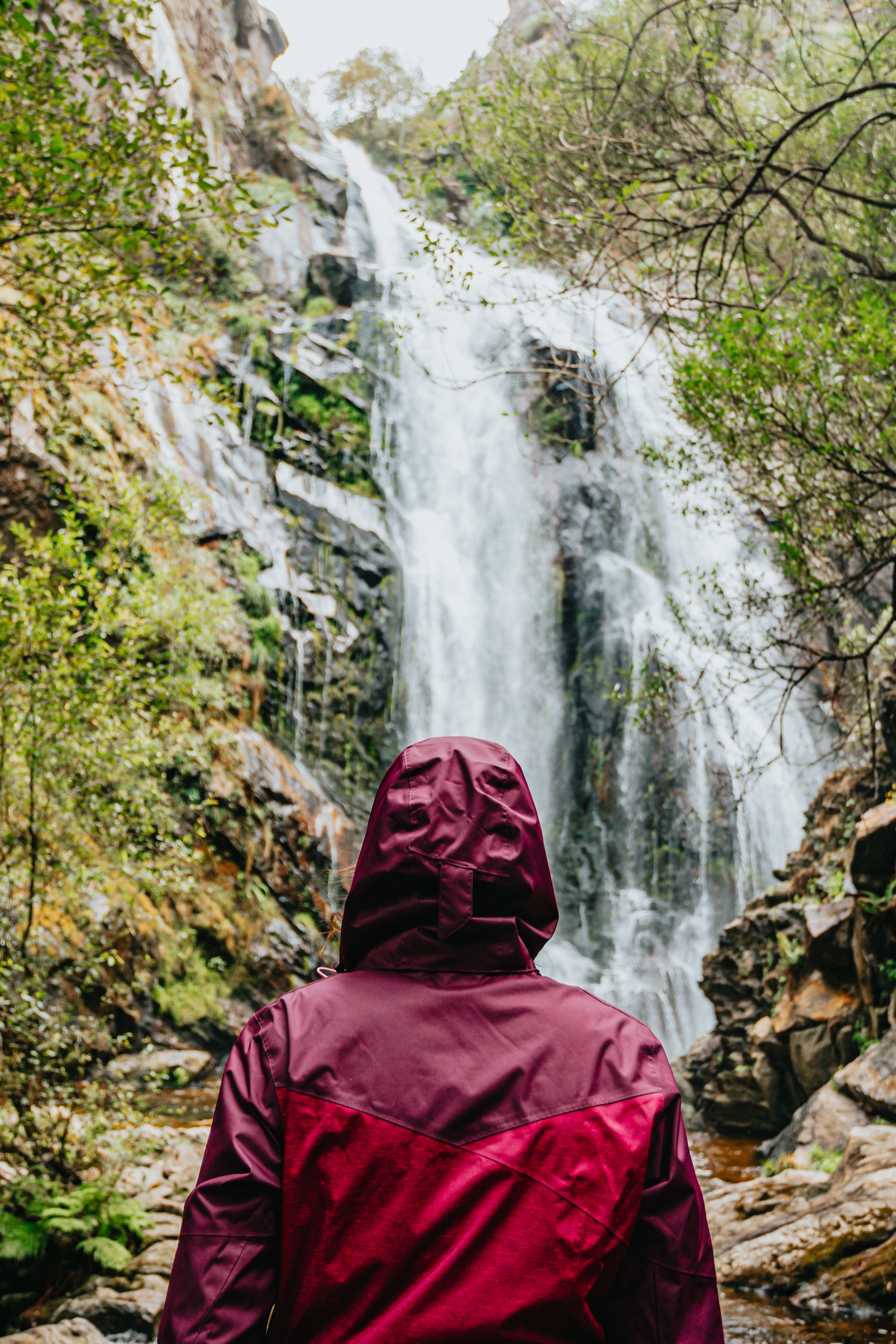 Une personne en imperméable rouge admire une énorme photo de cascade