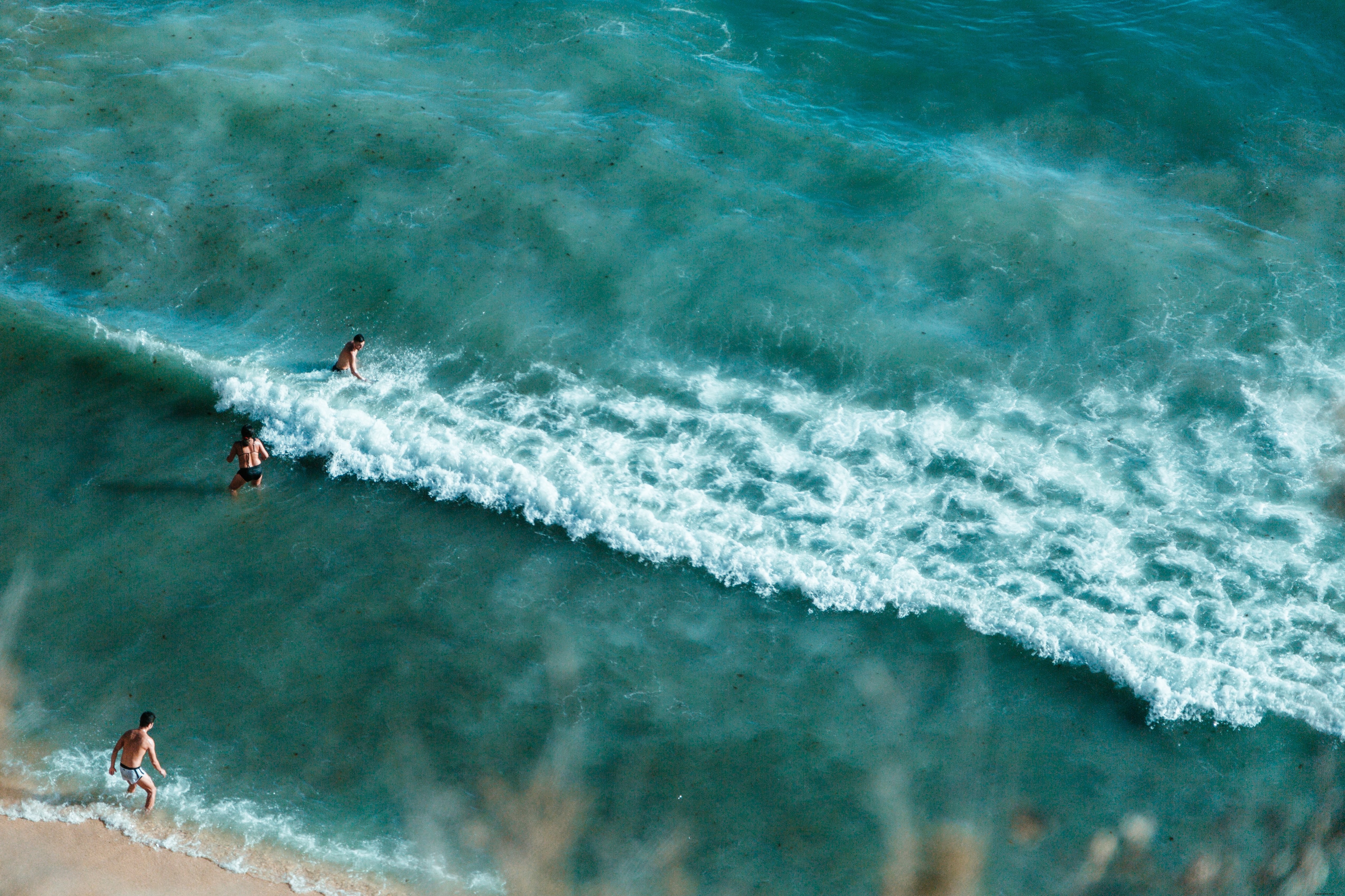 Les baigneurs pataugent dans les eaux turquoise au large d une photo de plage de sable