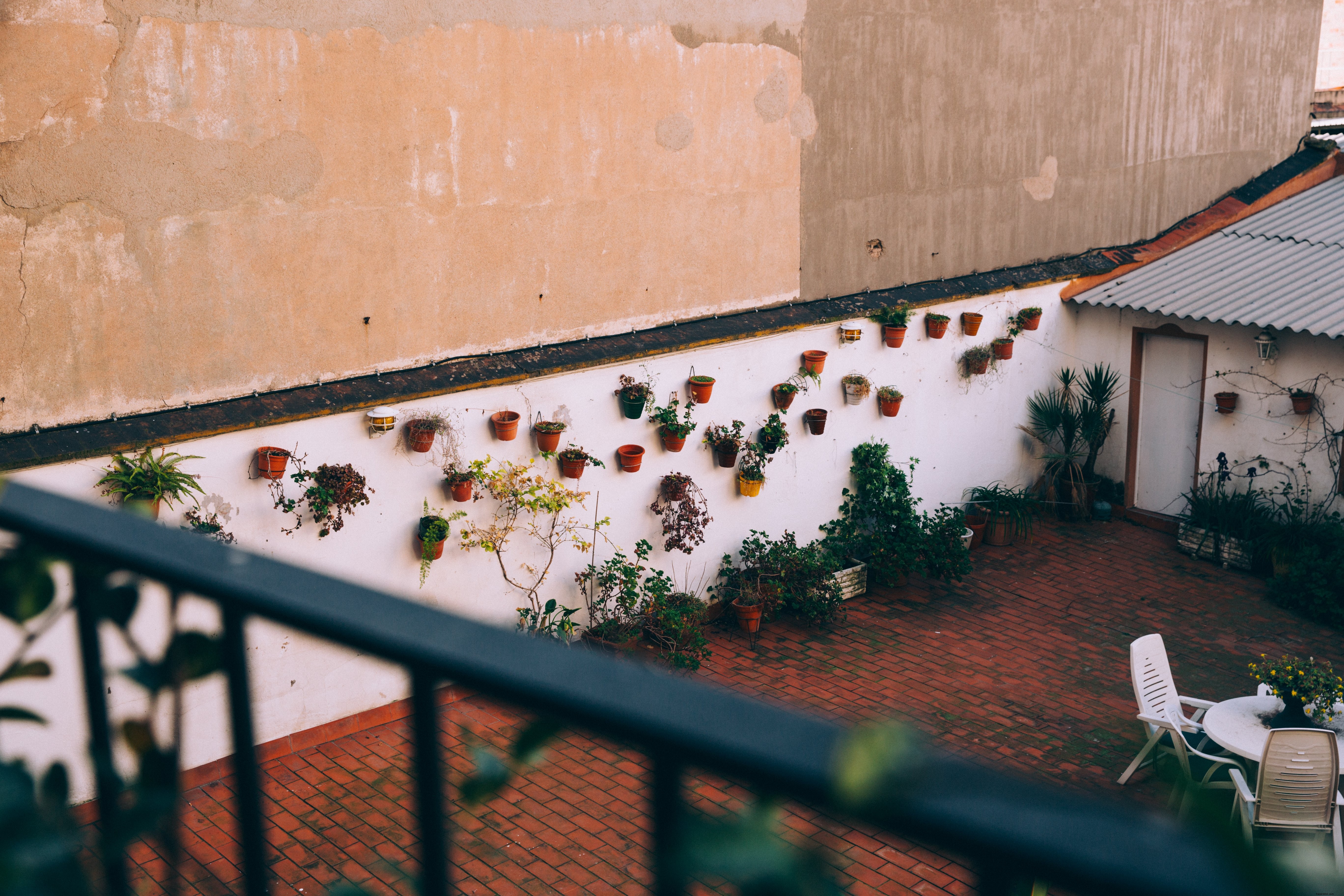 Jardinières en terre cuite accrochées à une photo de mur