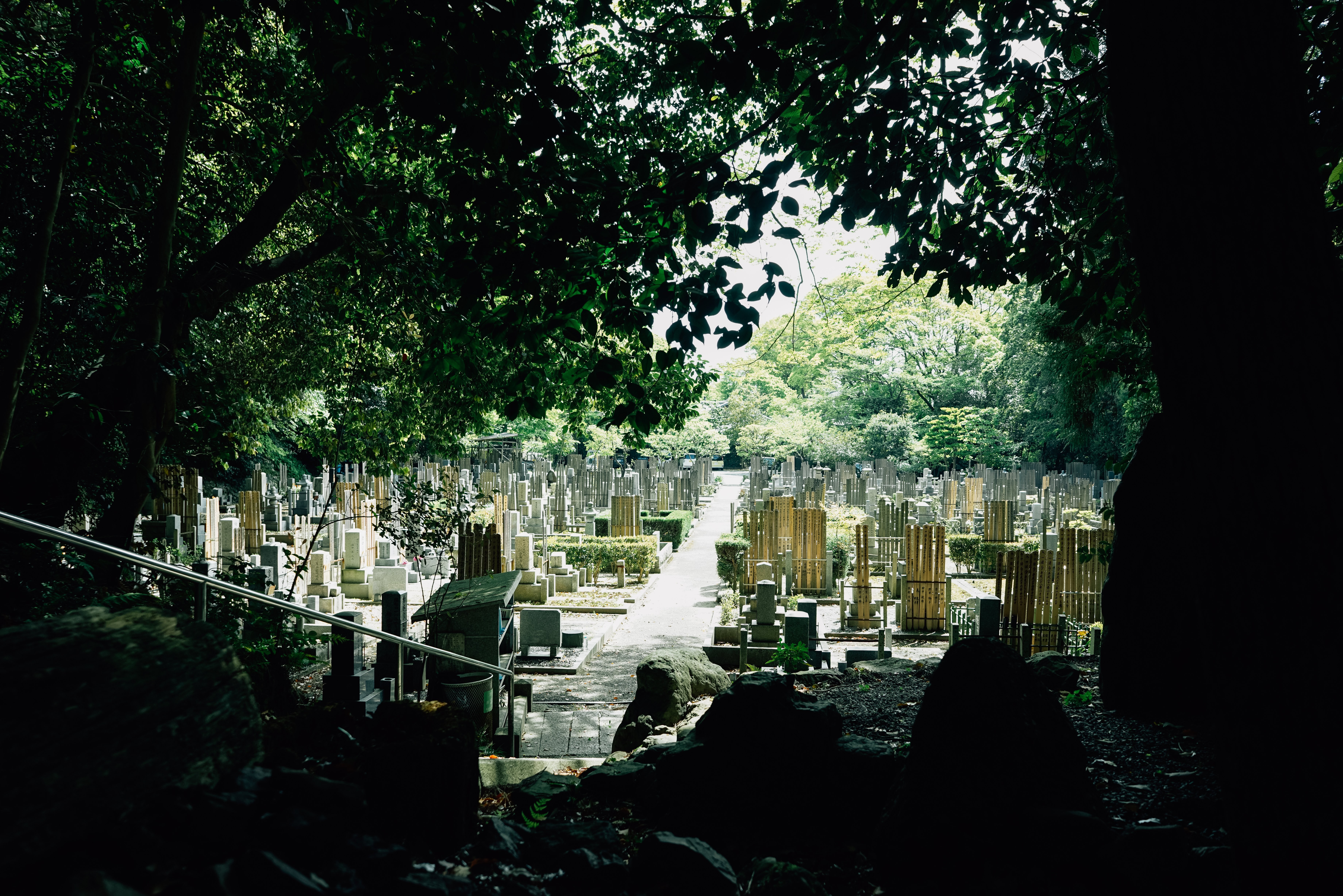 La luz del sol ilumina la foto del cementerio japonés