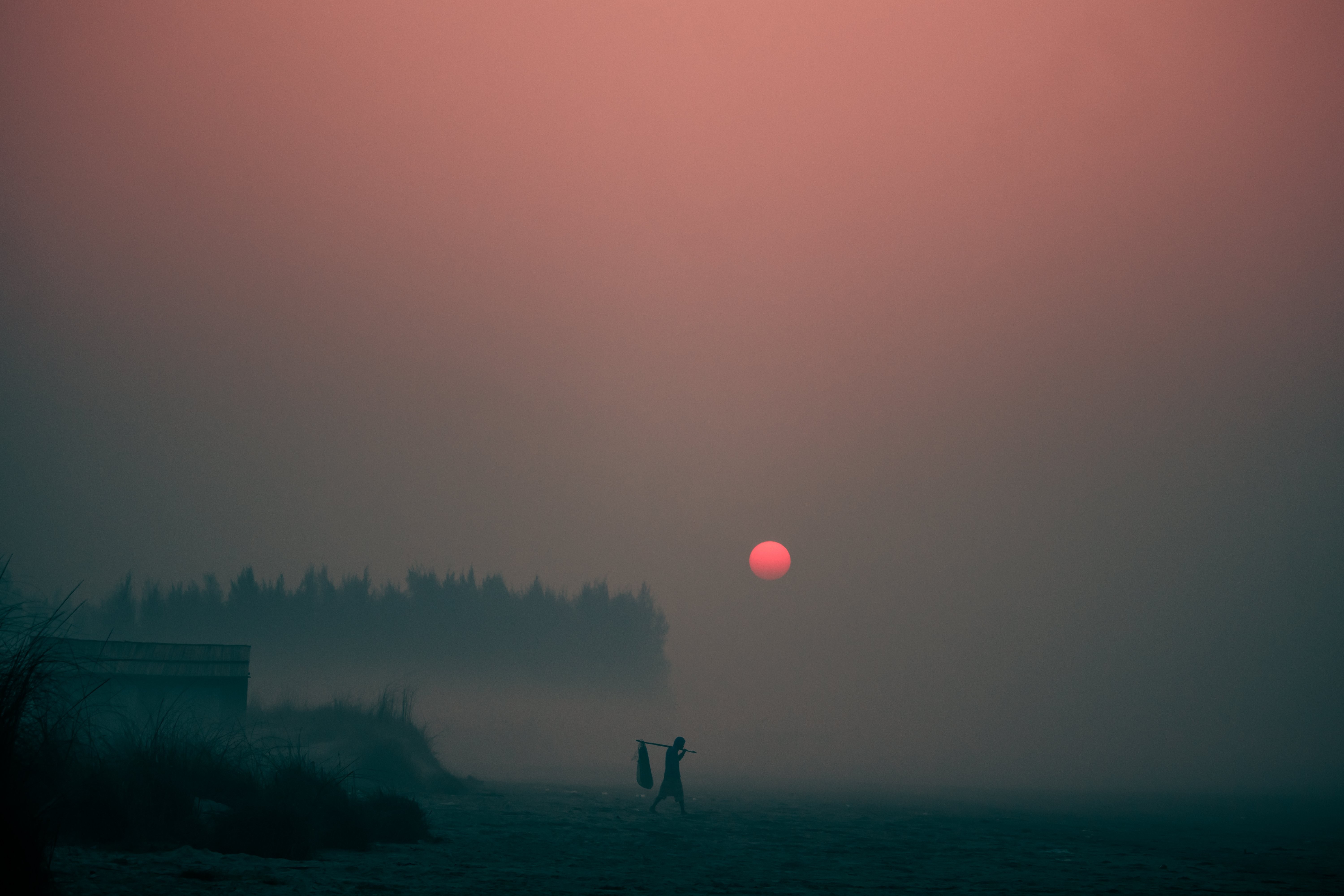 Le soleil se couche à travers une épaisse photo de brouillard du soir 