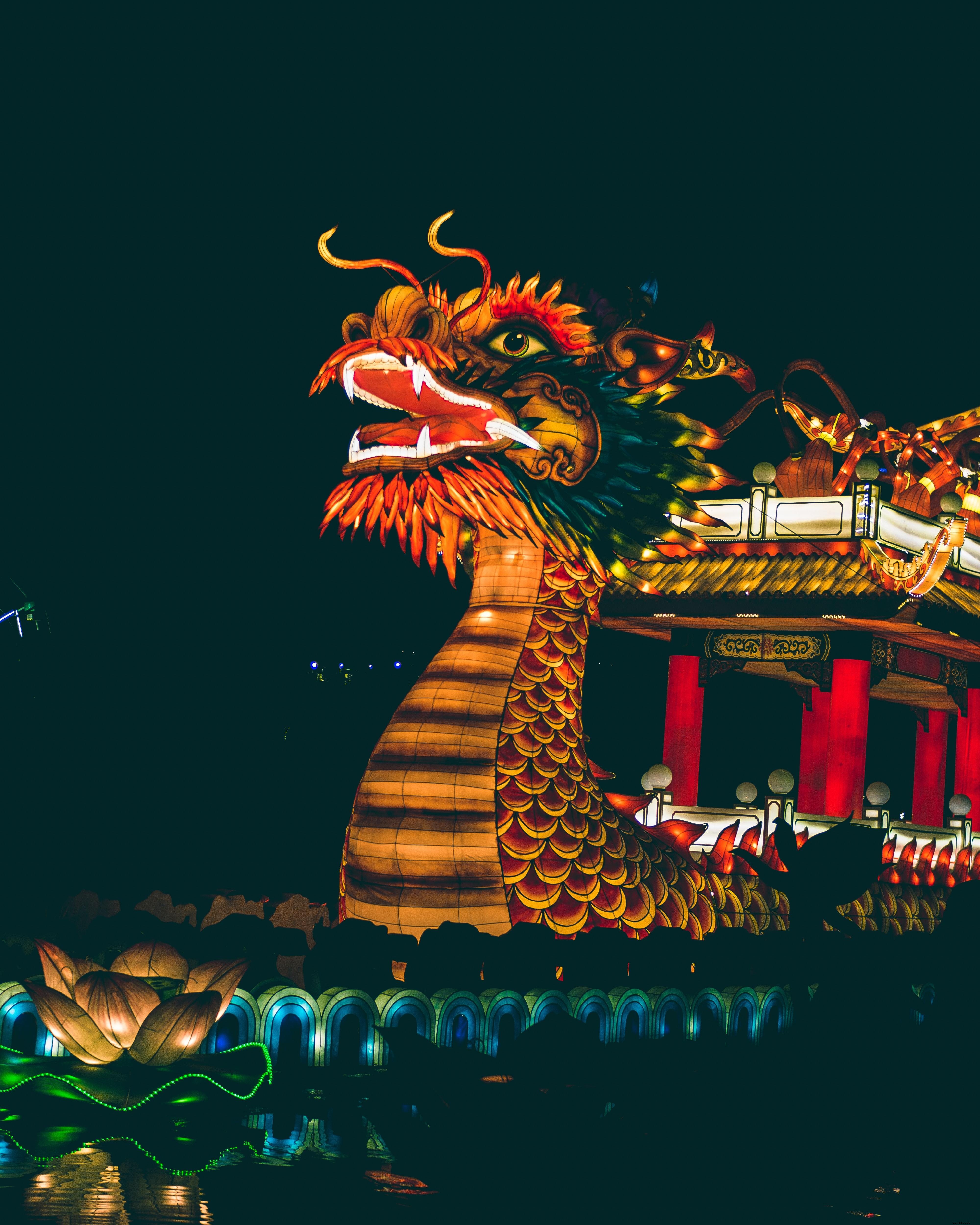Foto de barco em forma de dragão à noite 
