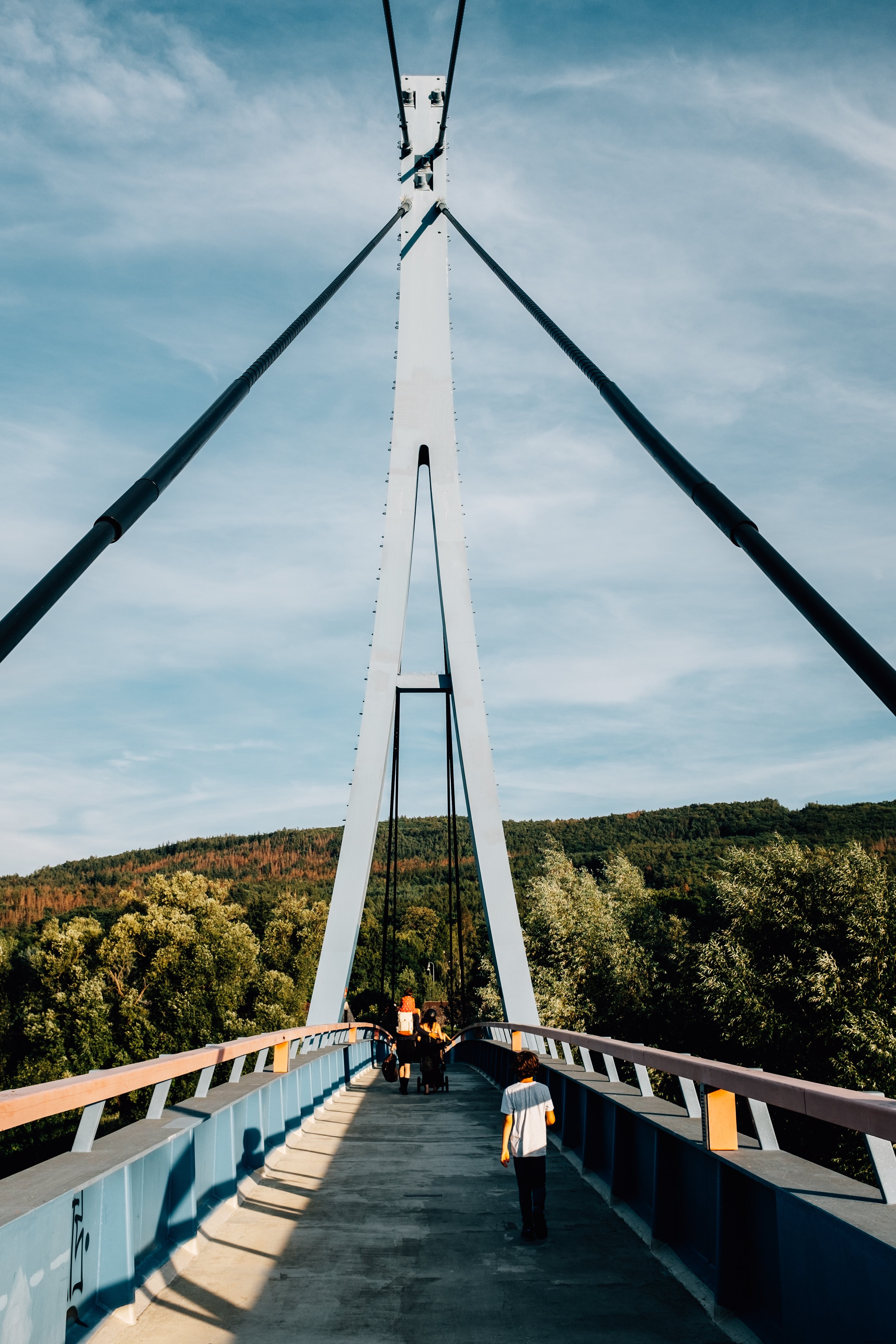 Foto de família caminhando na ponte em direção à floresta 