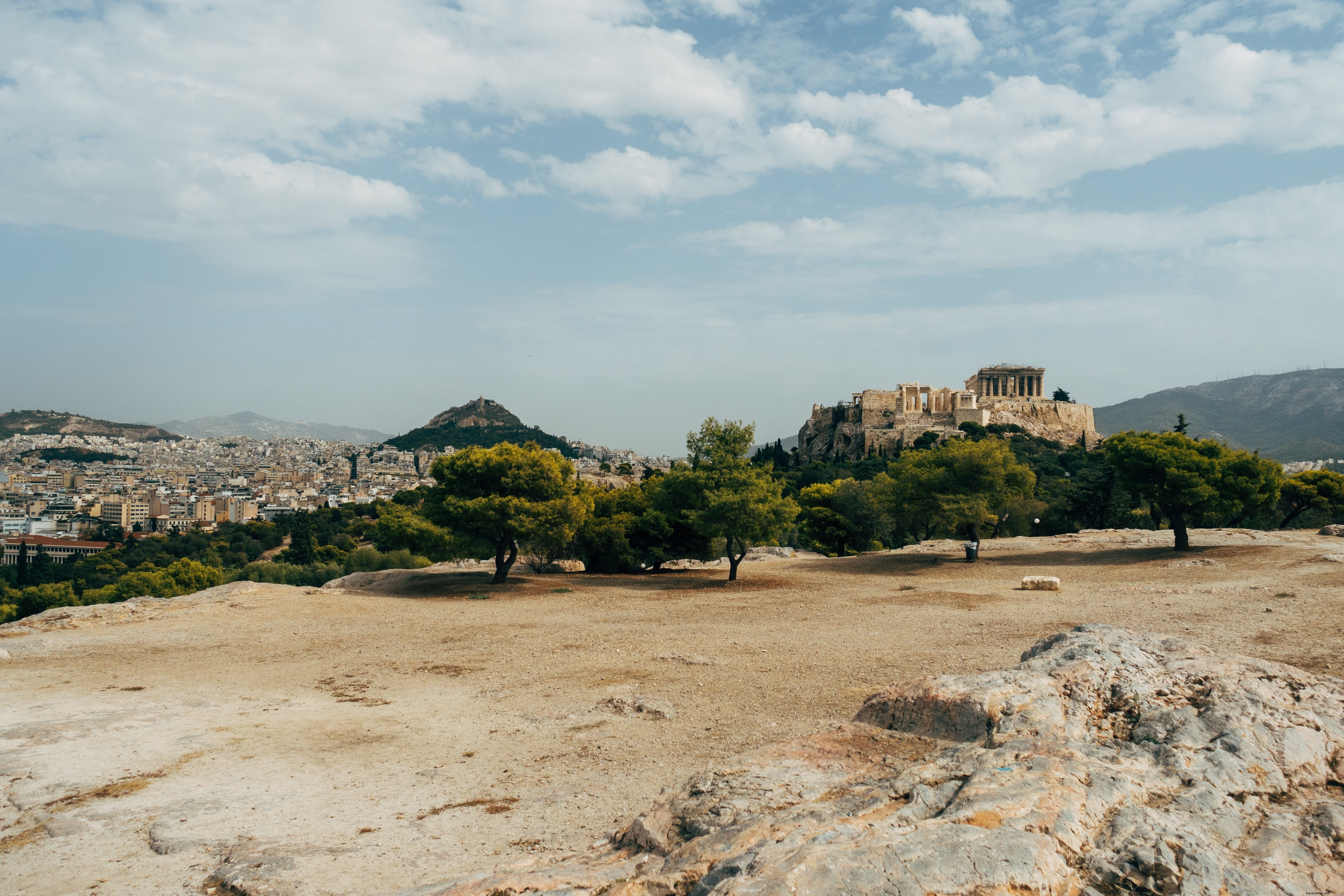 Passarela de pedra com árvores e uma foto panorâmica 