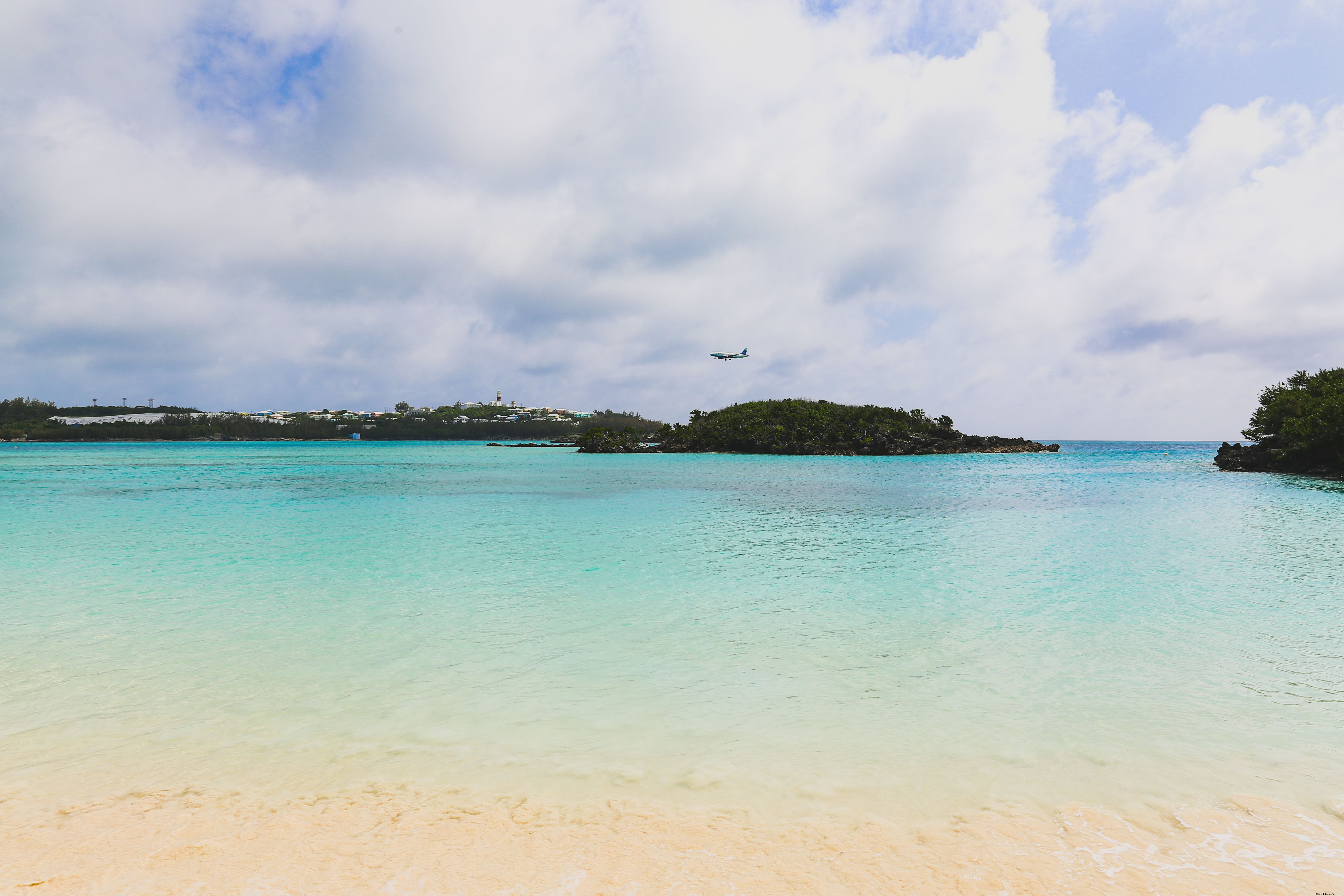 Avião desliza sobre foto de praia tropical 