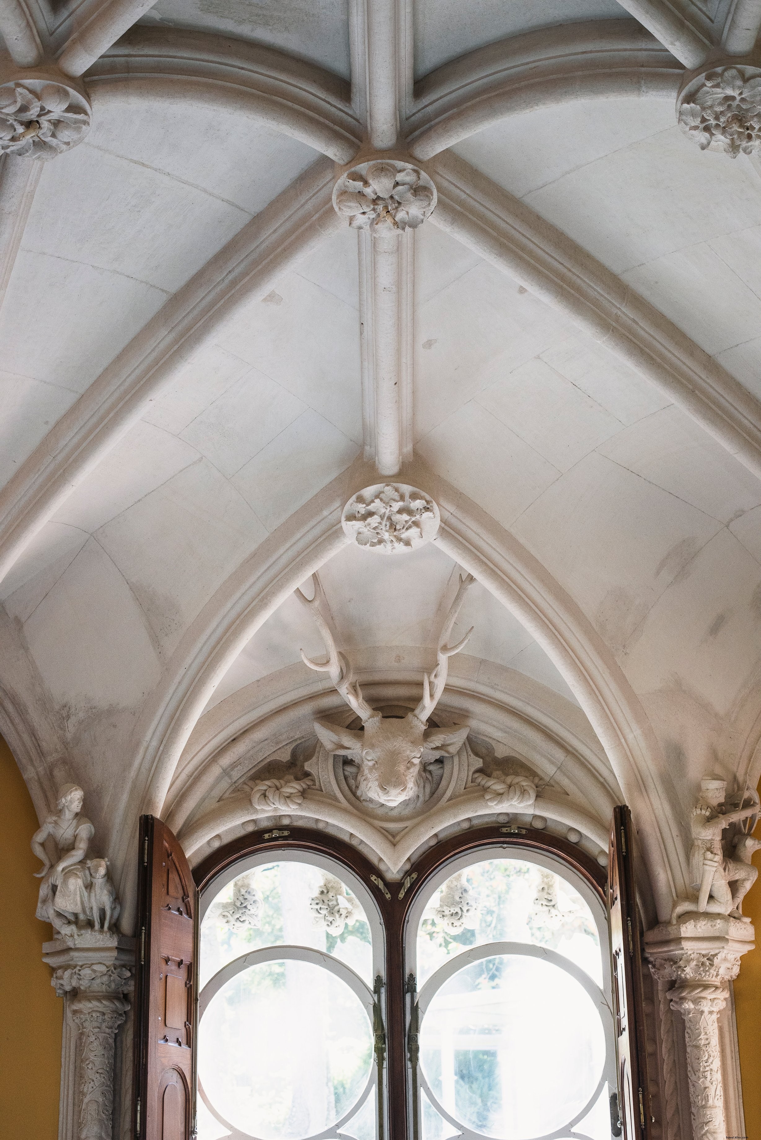 Foto de techo esculpido sobre ventanas ornamentadas 