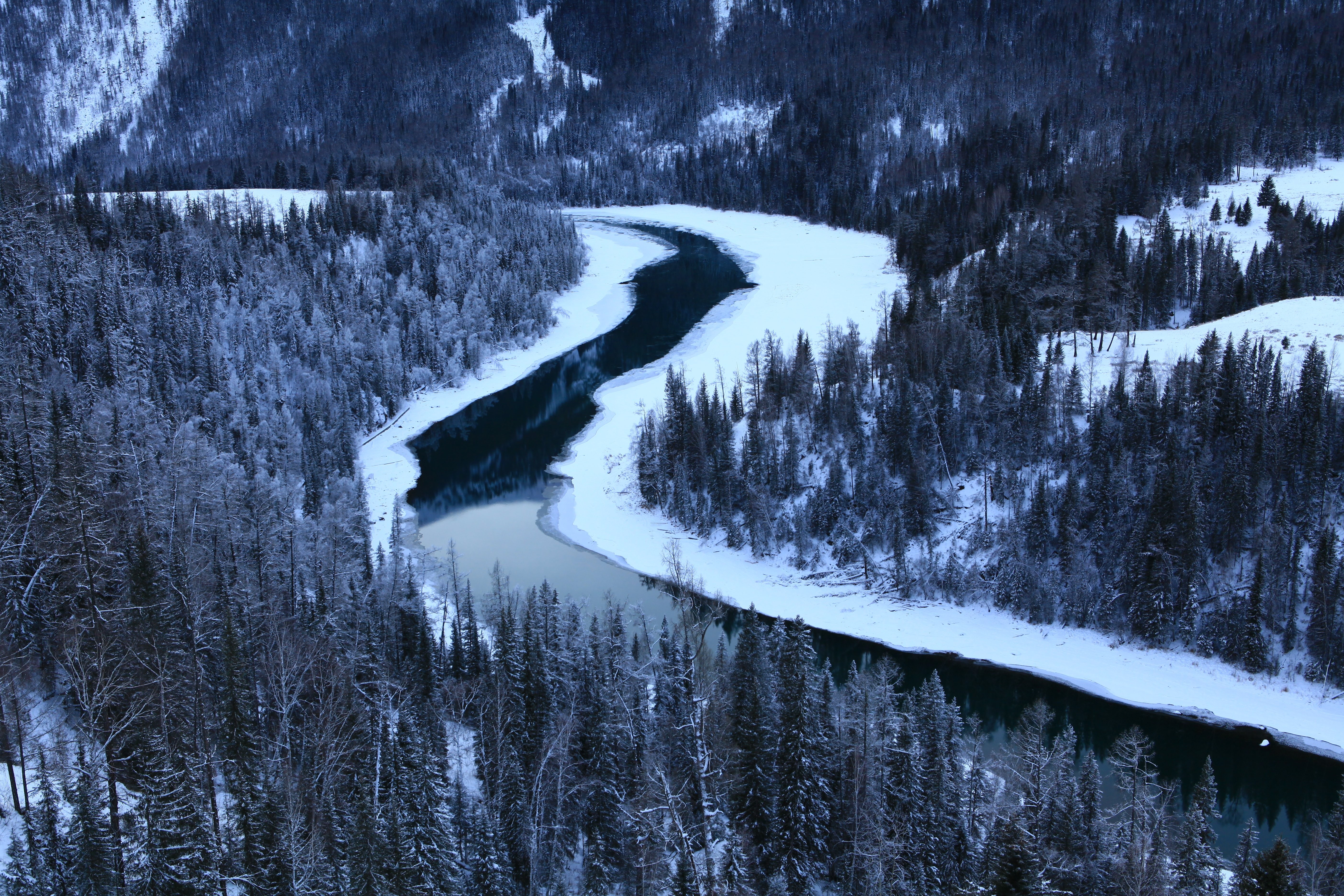 Foto de um rio sinuoso e frio em uma floresta coberta de neve 