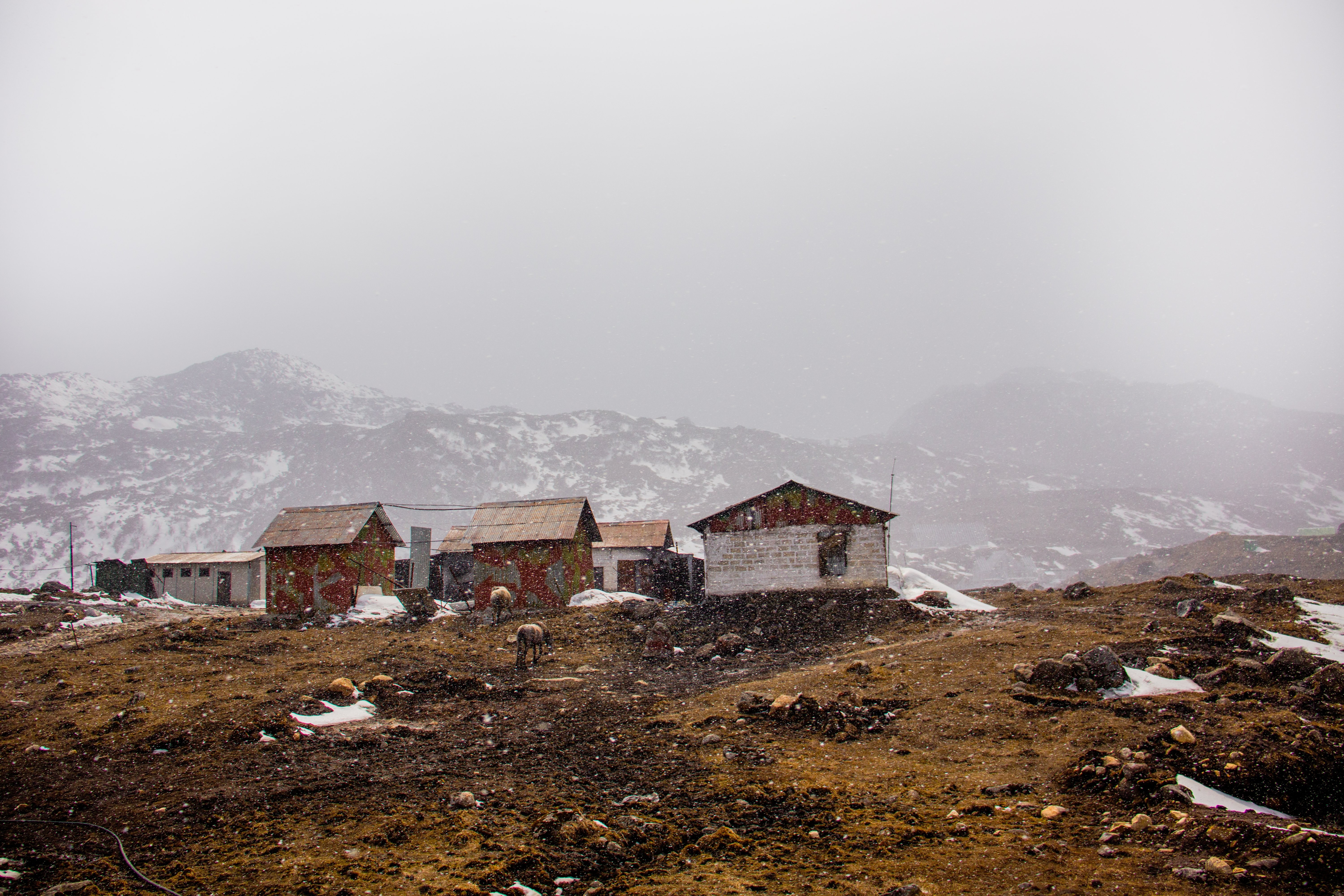 Cabañas en una colina marrón con nieve suave que cae Foto 