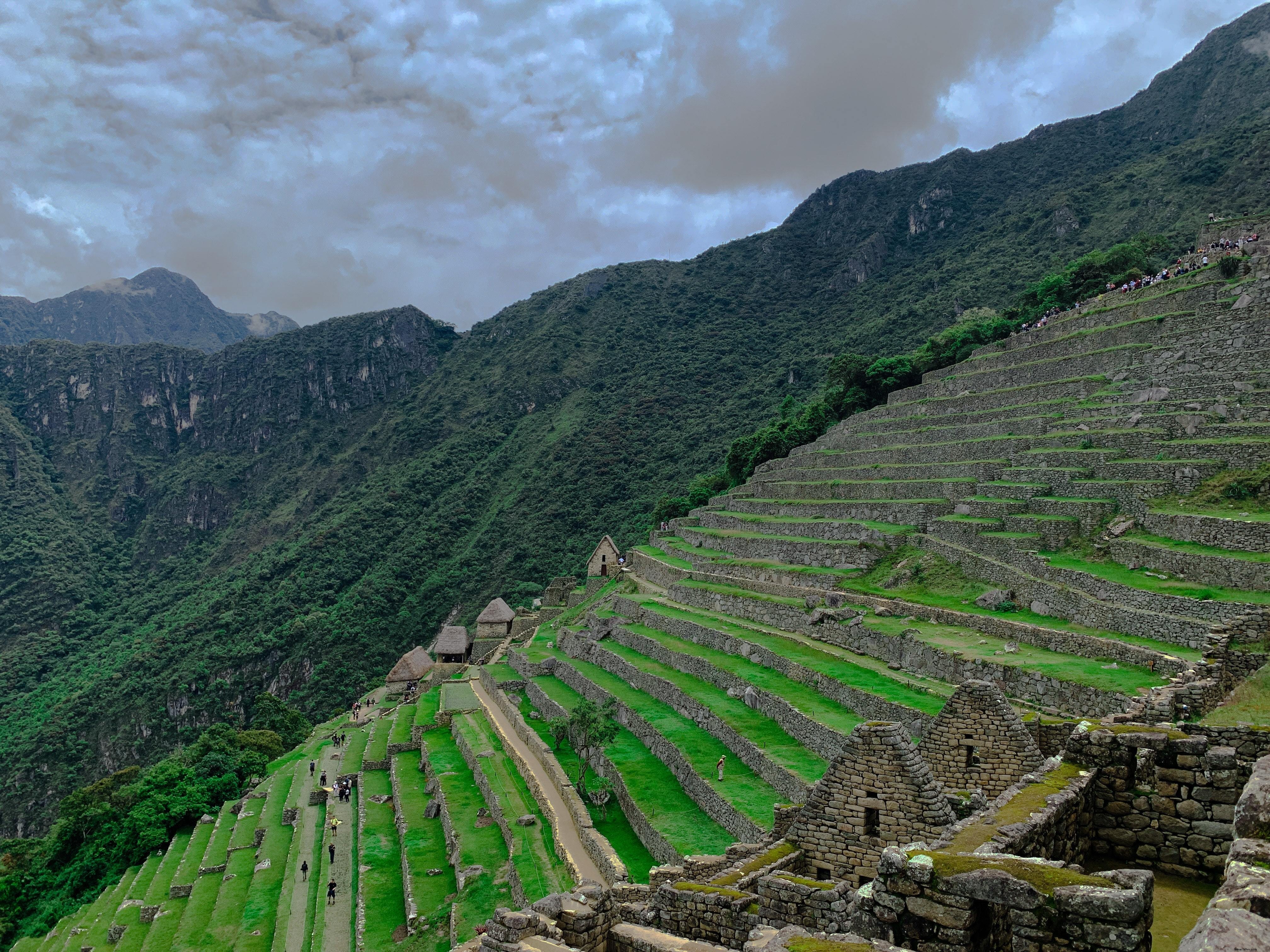 Prédios de pedra e degraus ao lado de uma foto de uma colina verde exuberante 