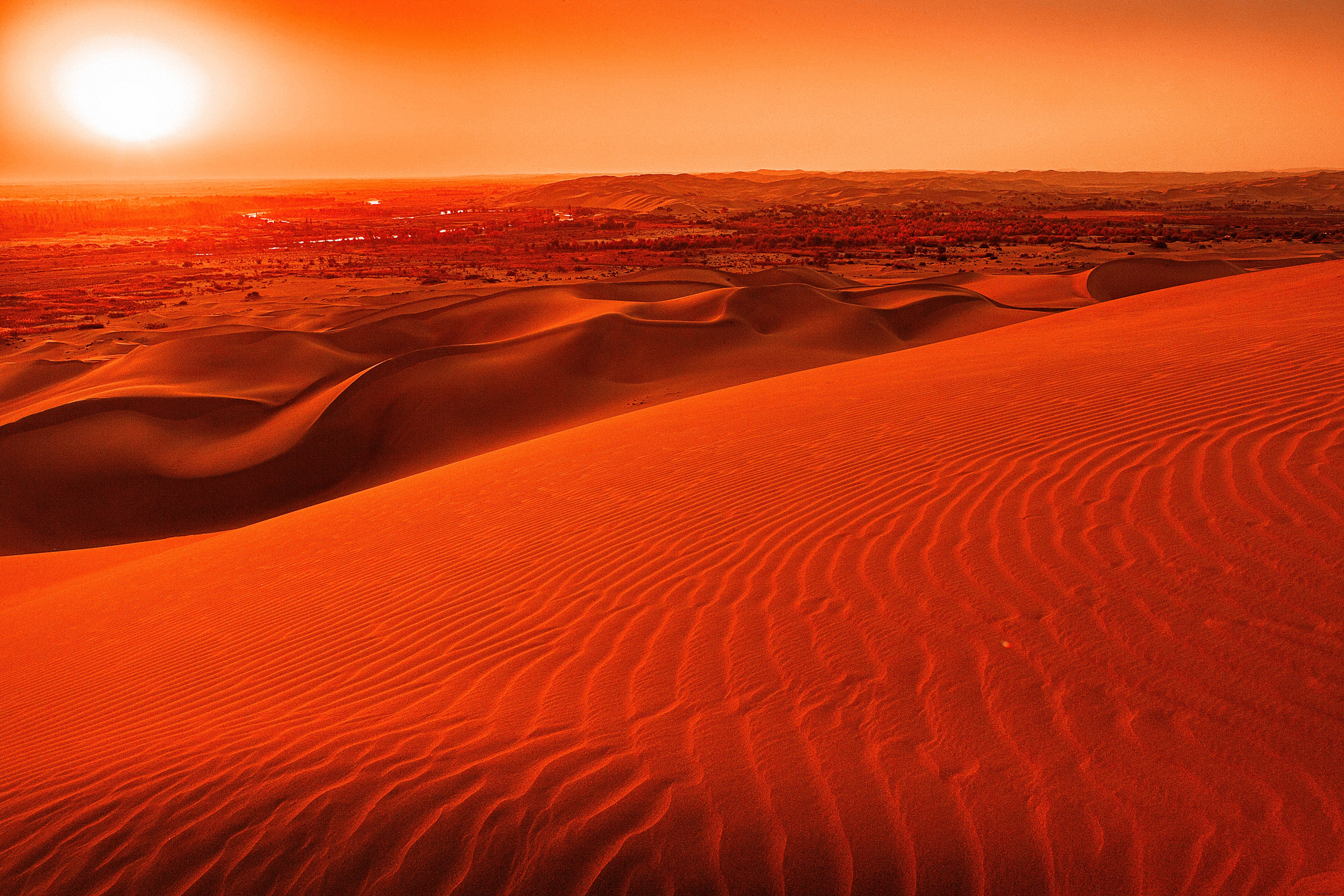 Foto de paisaje de puesta de sol naranja sobre dunas de arena onduladas 