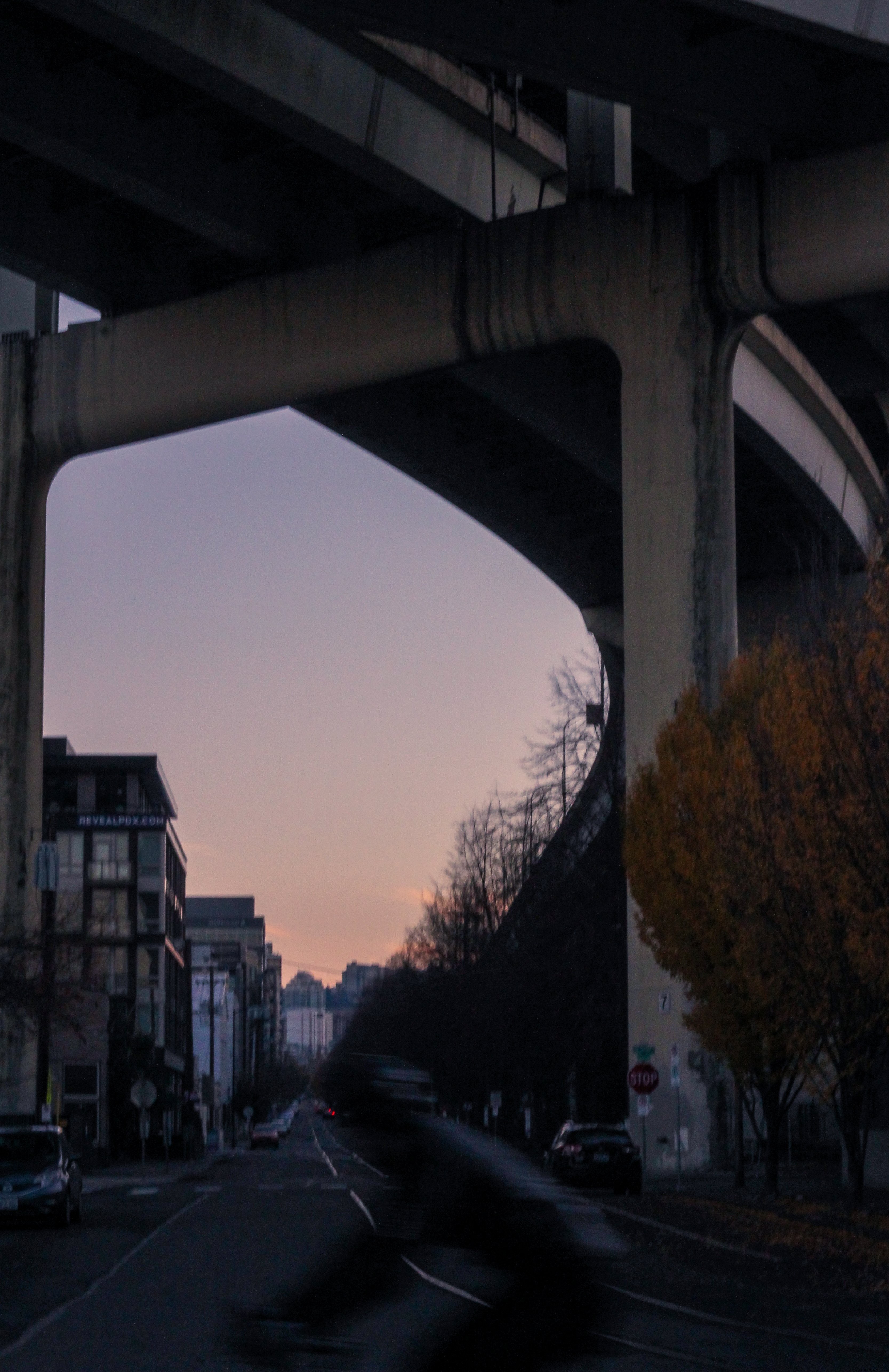 橋の下から街の建物の後ろに沈む夕日写真 