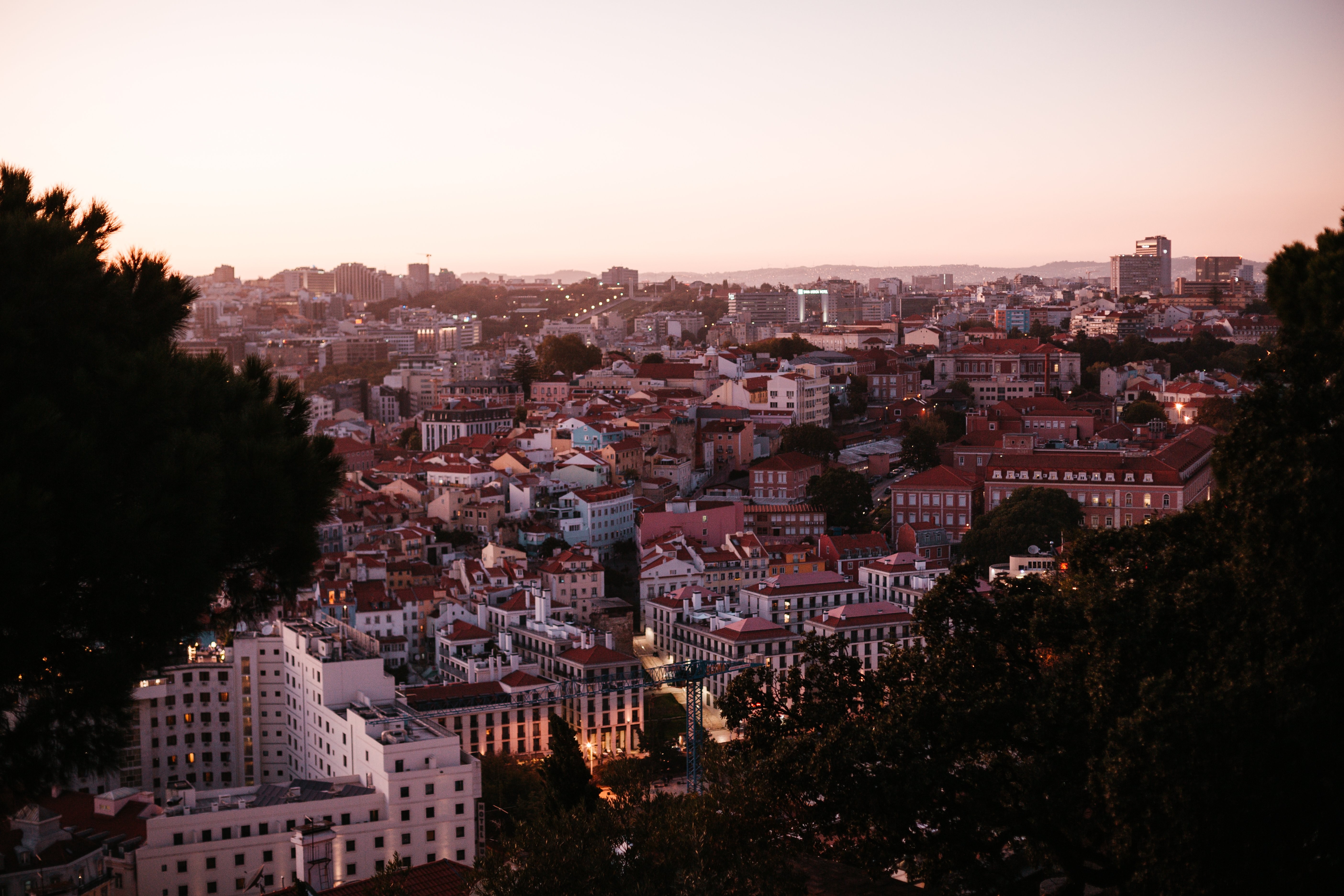 Vista do horizonte da cidade de Lisboa e do pôr do sol emoldurado por árvores. 