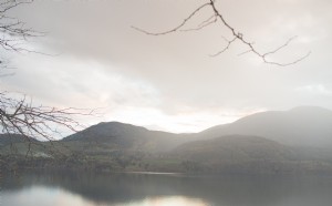 霧の日の出が肌寒い湖の写真に映る 