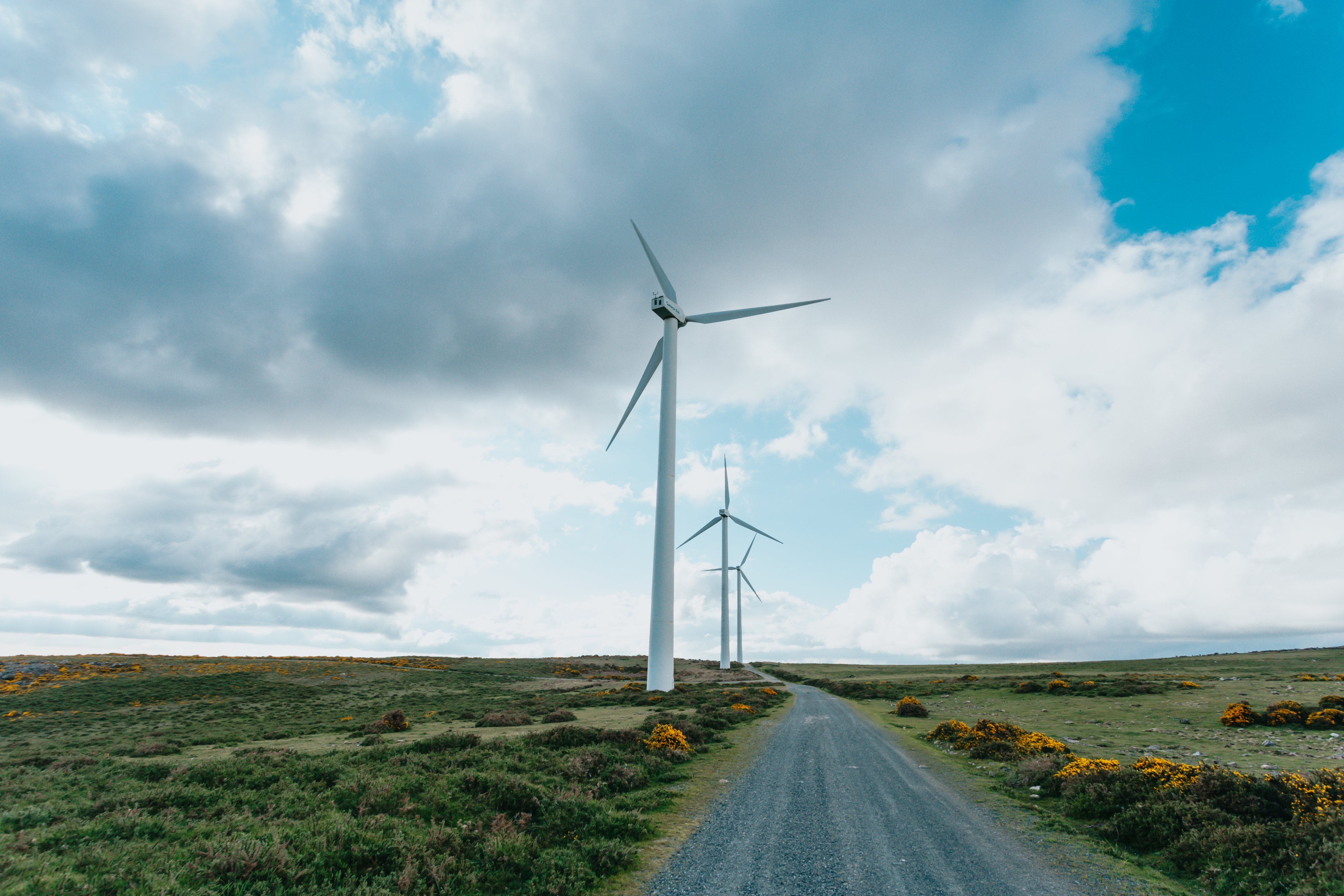 Carretera rural con altos molinos de viento en la foto de la izquierda 