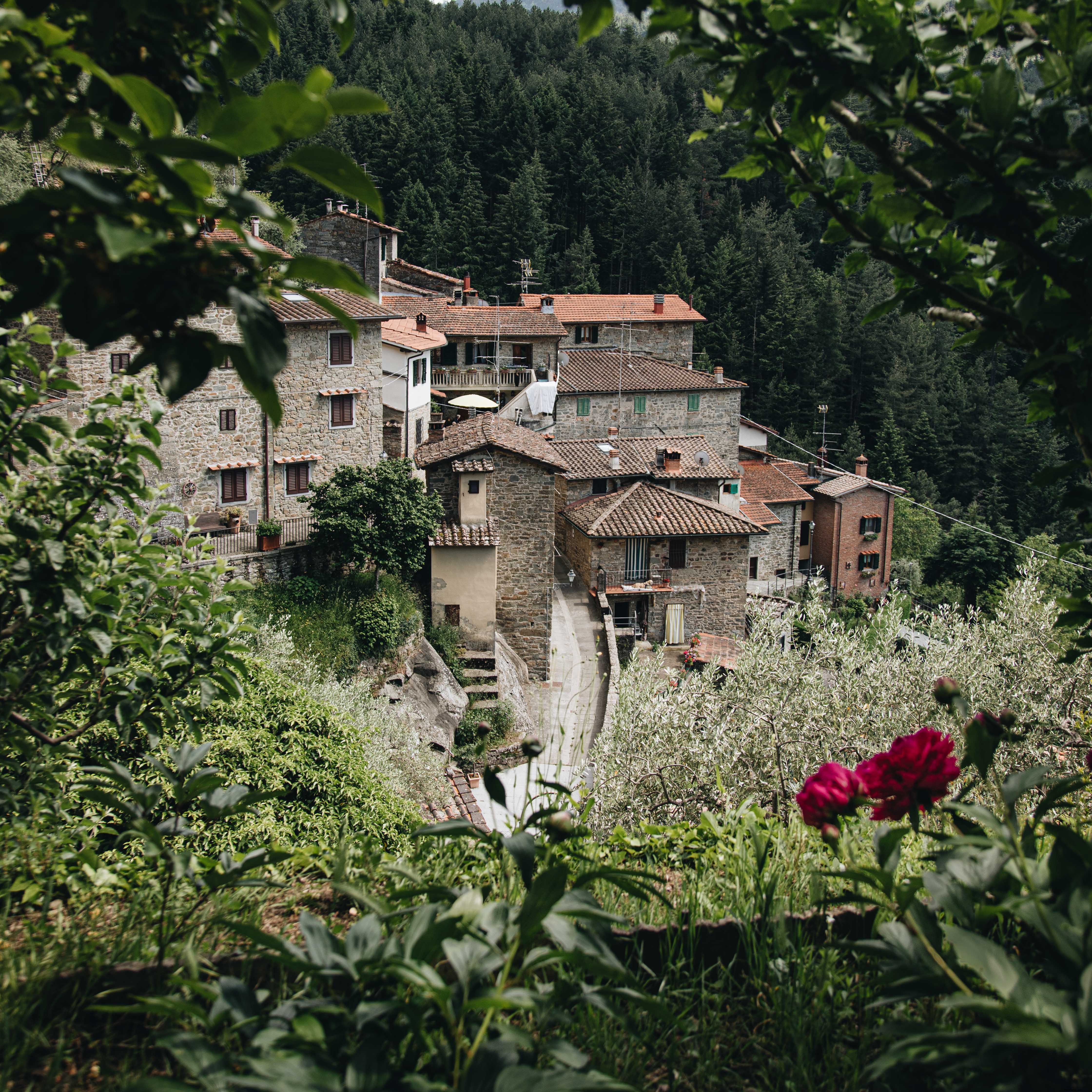 La piccola strada si snoda attraverso la città di collina Foto 