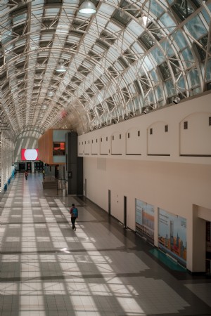 Une personne descend un large atrium avec une photo de plafond incurvé 