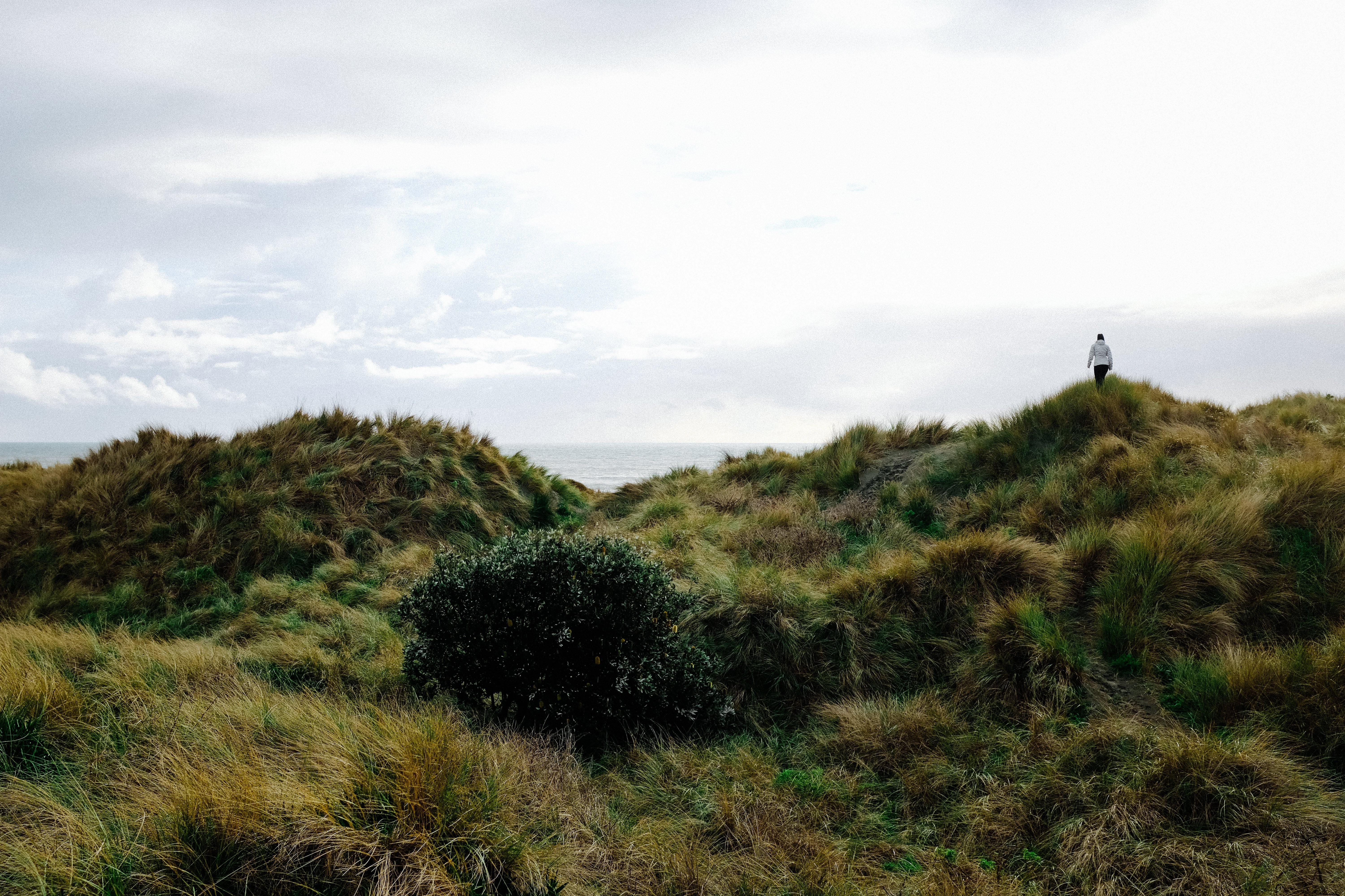 Foto de uma mulher caminhando pelas dunas gramíneas 