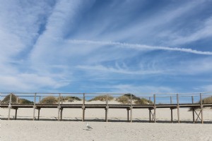 Foto de pasarela de madera sobre arena 