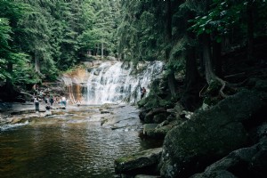 人々は森に囲まれた滝の写真から冷たい水を楽しむ 