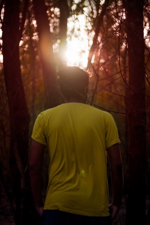Foto de uma pessoa com uma camisa amarela entra em uma floresta escura 
