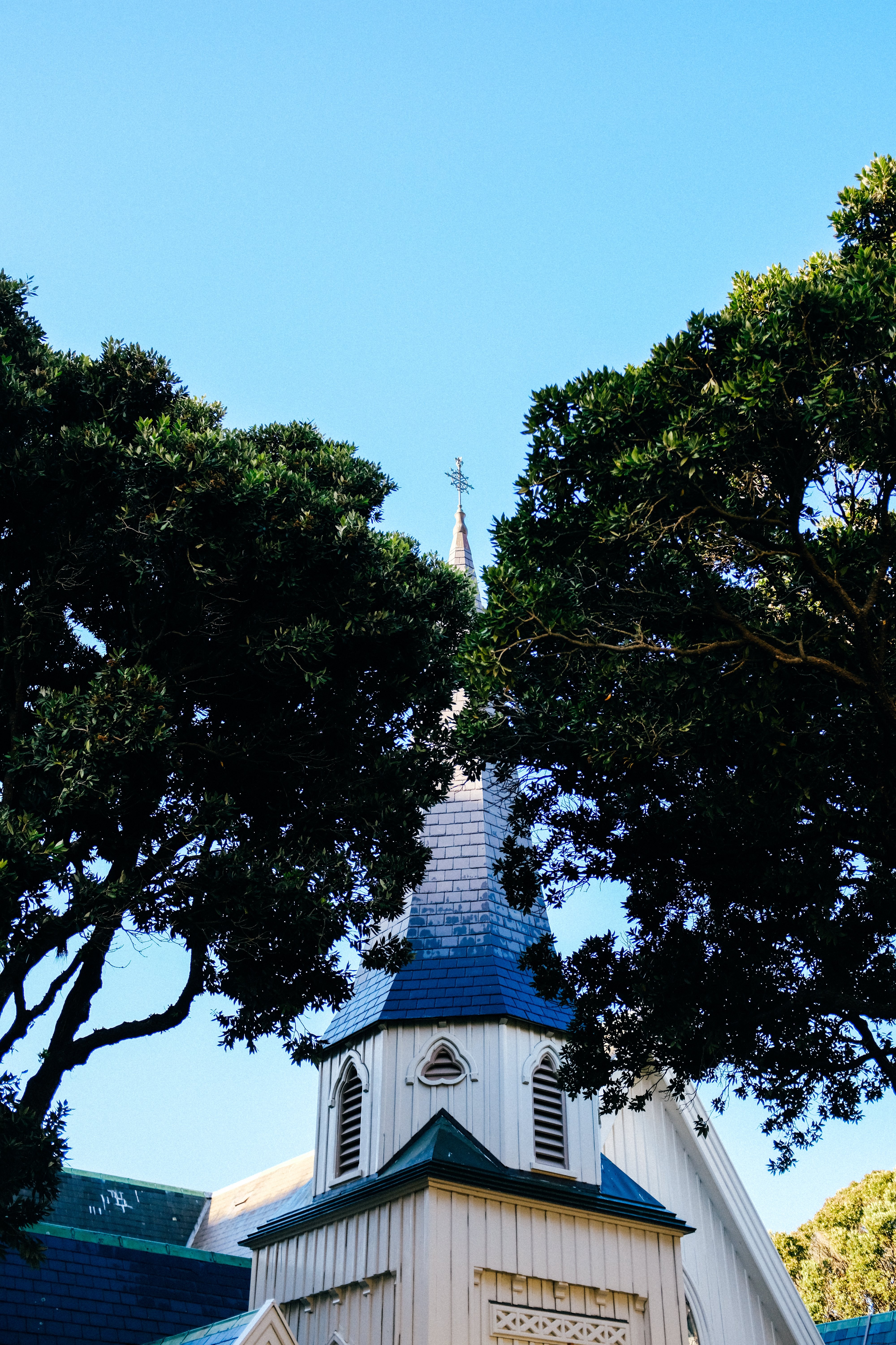 Guglia della chiesa tra due alberi foto 