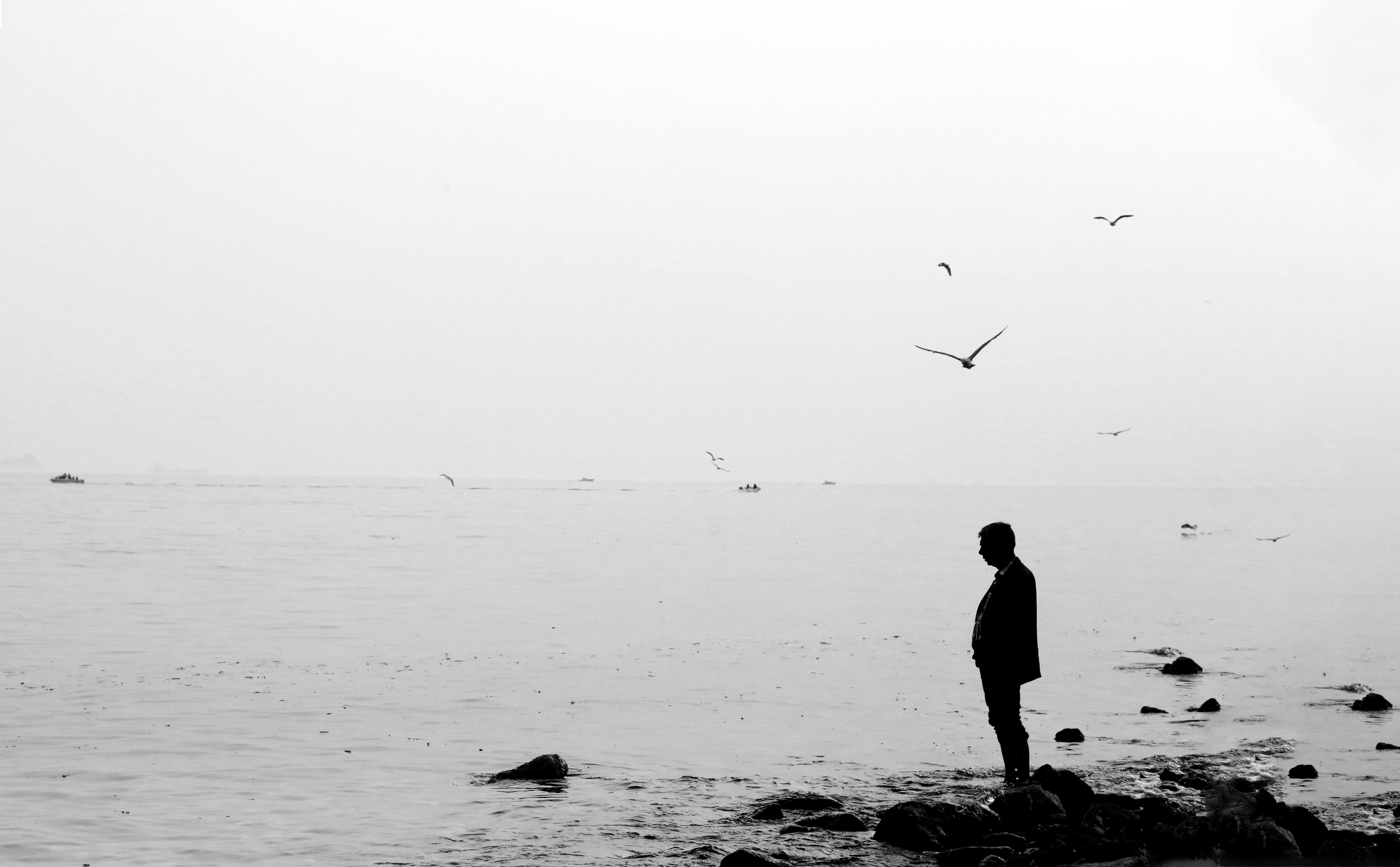 Uma pessoa em pé sobre rochas perto de água parada em foto preto e branco 