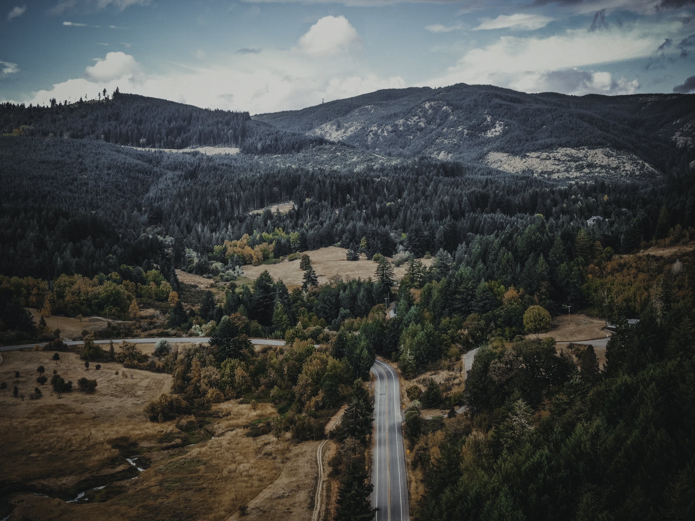 Route de campagne pavée se plie à travers une photo de la vallée brune 