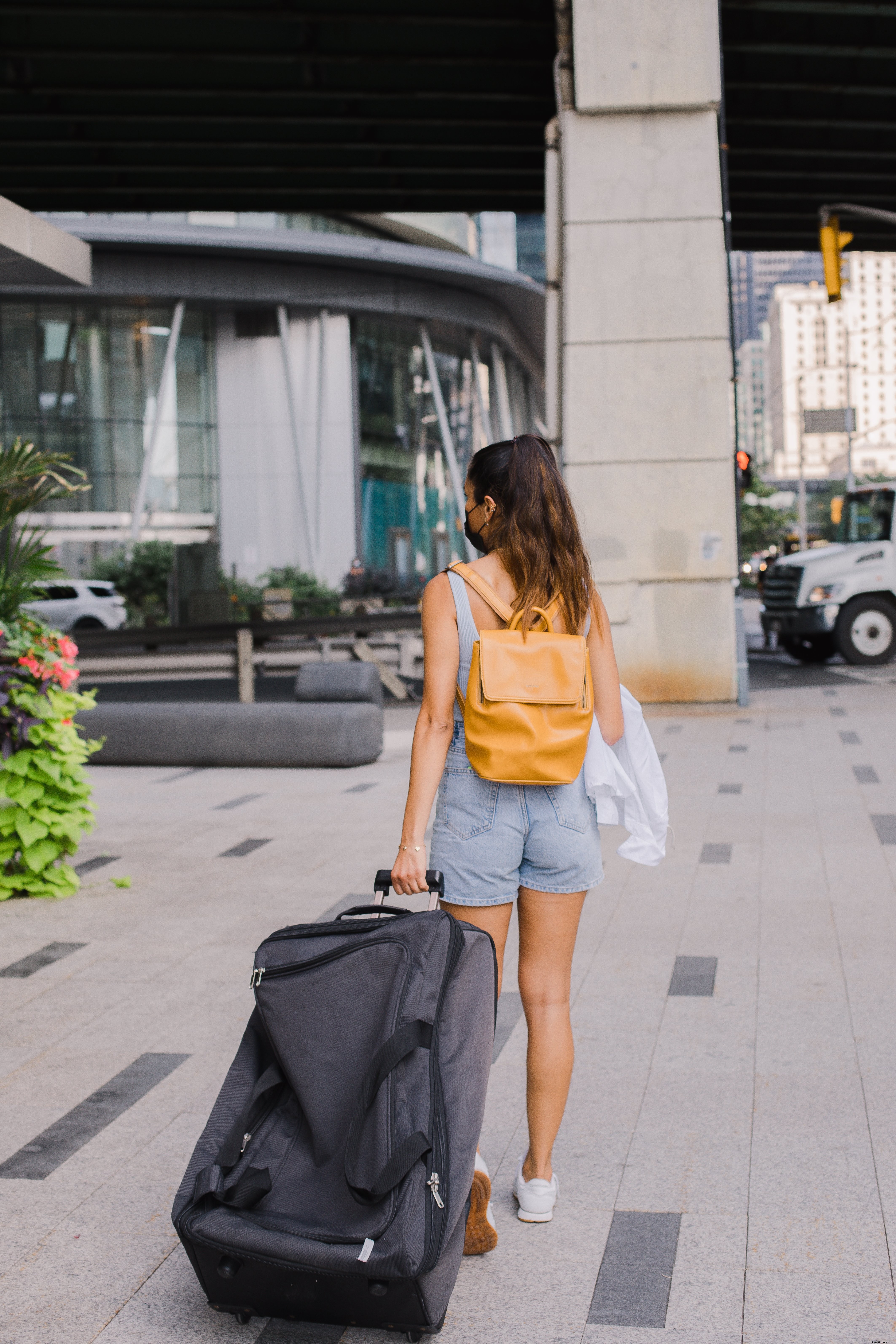 S éloigner de la caméra en tirant une grande photo de valise 